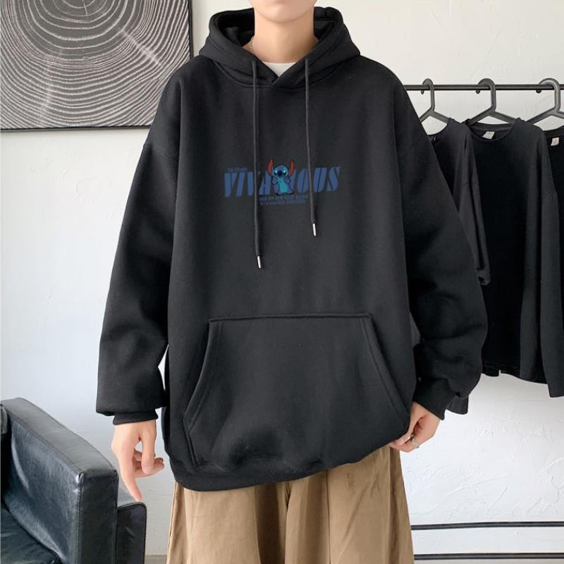男字母印花宽松帽衫ins港风情侣装春秋装上衣青少年学生衣服男 黑色 m