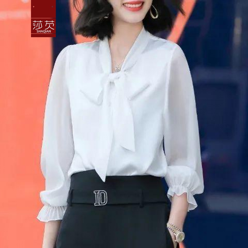 莎芡气质蝴蝶结衬衫雪纺衬衣女长袖系计感职业上衣秋季洋气 白色 l