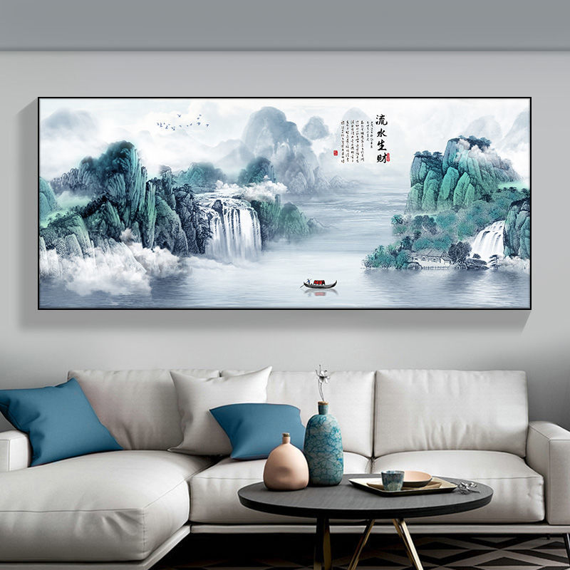 尔煦 九鱼图横版山水画客厅沙发背景装饰画中式办公室墙画晶瓷镶钻