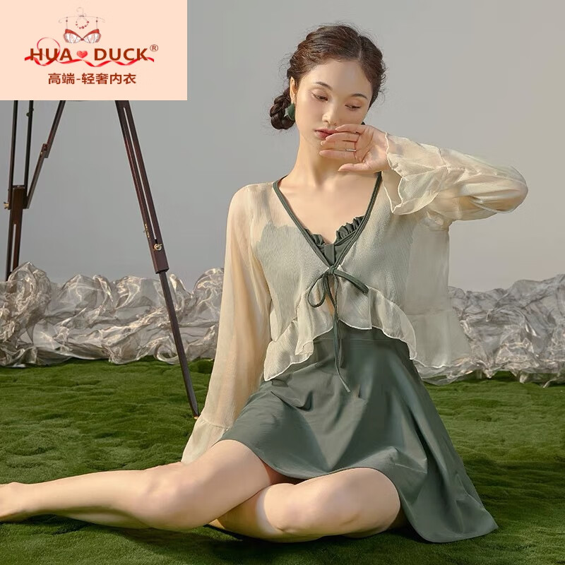 hua · duck品牌轻奢国际游泳衣女夏新款长袖保守泡温泉ins风平角显瘦