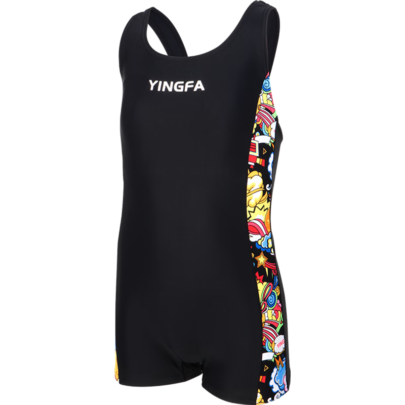 英发（YINGFA）儿童连体泳衣女童平角速干夏季泡温泉专业训练套装2023年新款 黑拼印花0588 130 【高125-140CM/重25-30KG】