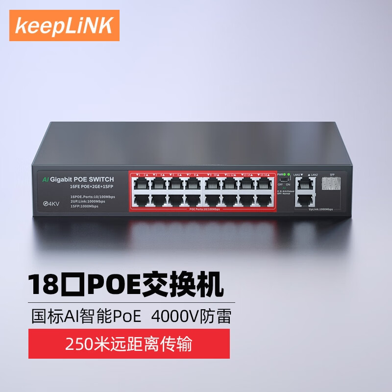 keepLINK 316GTP 16口百兆POE+2千兆级联+1千兆SFP交换机AI智能监控摄像头分离器交换器240W