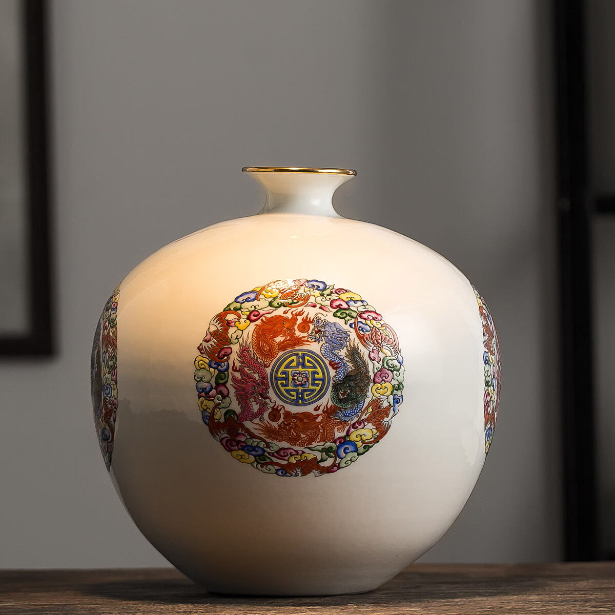 皇刻匠景德镇陶瓷器现代新中式粉彩图案描金边石榴创意花瓶摆件 石榴