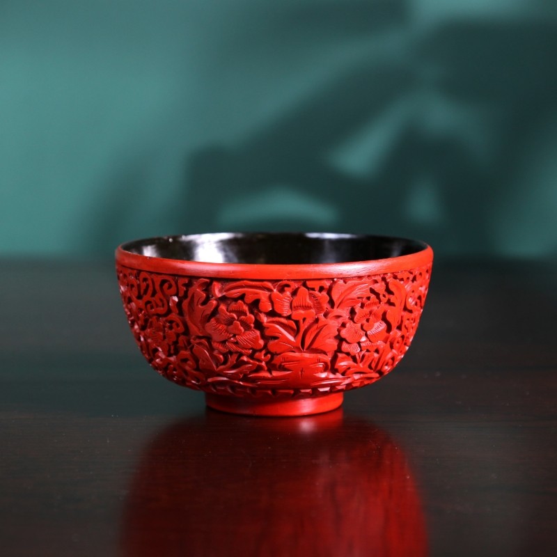 殷秀云天然大漆手工雕刻缠枝莲团花雕漆漆碗赠朋友赠师长节日礼物