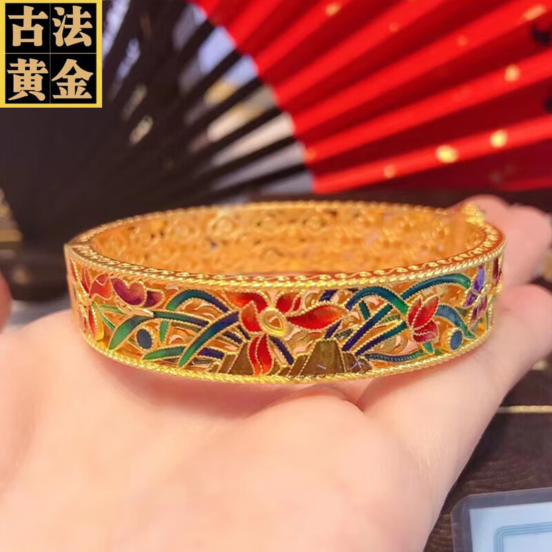小腰金 古法金镯子花丝工艺999足金烧蓝黄金手镯固定扣开口宽面2021