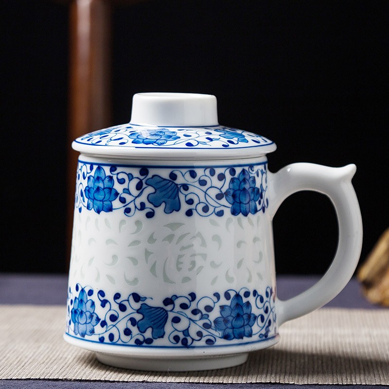 厚古薄今景德镇青花瓷玲珑泡茶杯手绘陶瓷带盖过滤马克杯茶水分离礼品