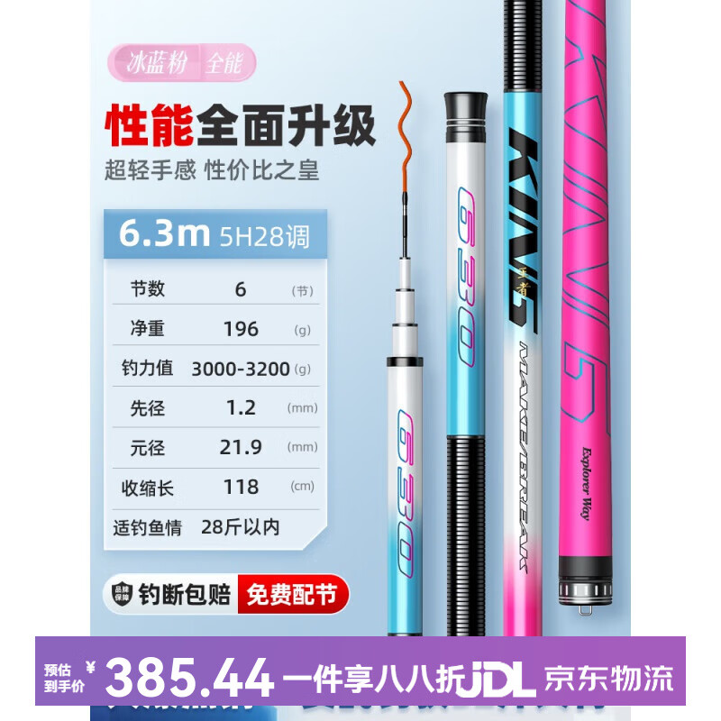 杰諾碳素釣魚竿手桿超輕超硬28調(diào)19調(diào)鯽魚臺釣竿漁具 6.3m 冰藍粉