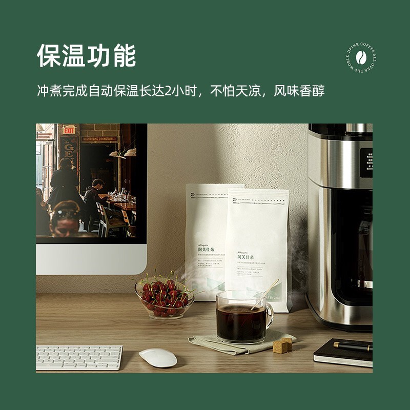柏翠美式咖啡机全自动磨豆粉两用咖啡豆研磨煮一体机家用办公室保温咖啡壶大容量 PE3200 节日礼物 银色