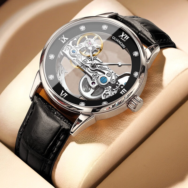冠琴（GUANQIN） 手表男士全自动镂空机械表时尚夜光瑞士品质男表国潮流品牌腕表 精钢黑面