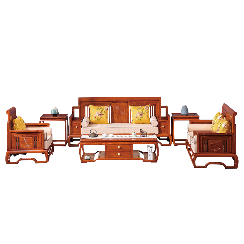 正荣府 红木家具缅甸花梨(学名:大果紫檀)沙发实木沙发组合新中式客厅家具组合 沙发六件套(113+茶几+2边几)