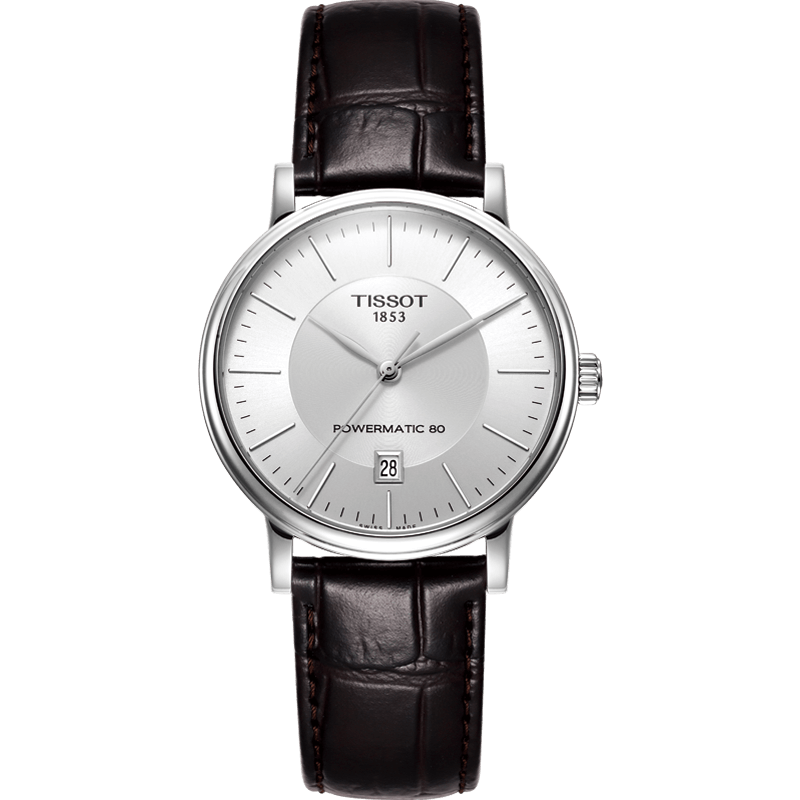 天梭(TISSOT)【官方授權(quán)店】卡森臻我系列80機(jī)械機(jī)芯男表商務(wù)手表男士瑞士腕表 白盤棕色皮帶T122.407.16.031.00