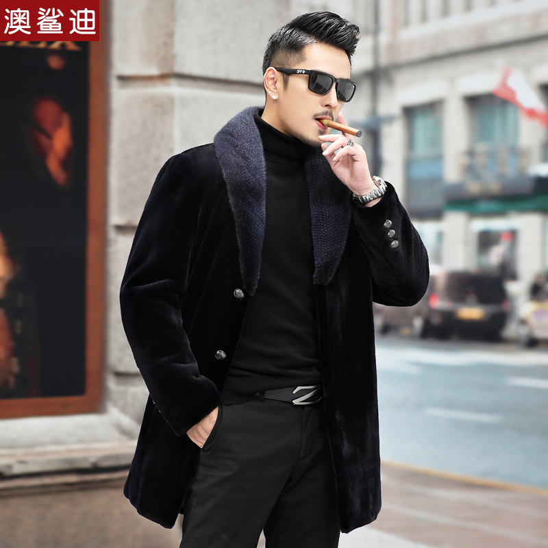 澳鲨迪男装新款海宁皮草进口北美本黑天鹅绒裘皮中长款西装翻领整貂绒