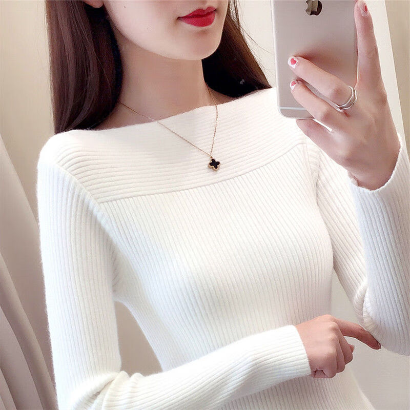 秋冬季高腰露肚脐长袖女士针织衫小短款秋冬女装一字领针织衫百搭短款