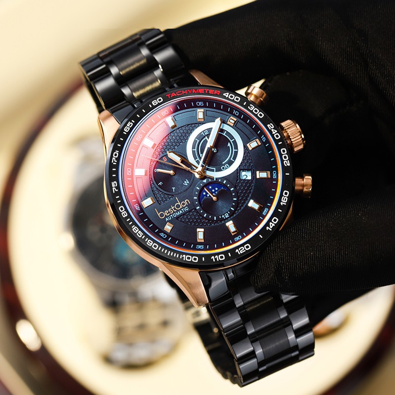 邦顿(bestdon)瑞士认证手表男机械表多功能防水夜光国潮男表 玫壳黑面