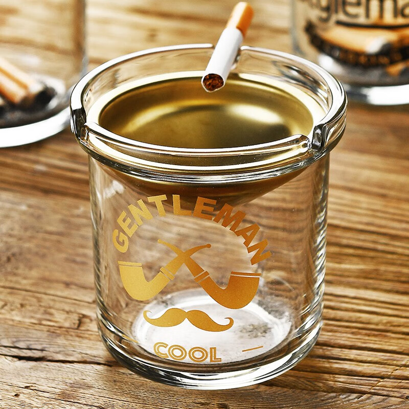 防飞灰办公室ins风防玻璃烟灰缸亮银盖装饰摆件 金色烟斗 带盖子