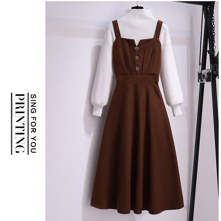 沁芍 秋冬天女士灯芯绒连衣裙加绒加厚2022秋款连衣裙背带裙长款套装