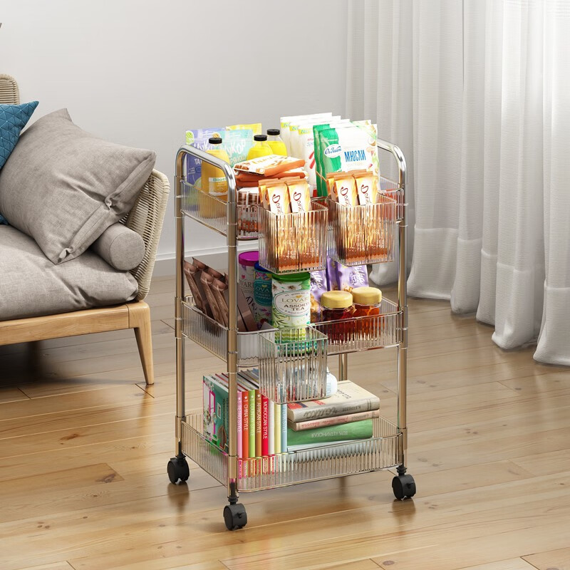 哈骆顿（HALODN）小推车置物架多层透明玩具零食书本收纳架柜家用可移动厨房菜篮子 三层（带篮子）可移动