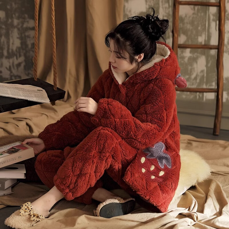 南极人本命龙年红睡衣女冬季三层夹棉加绒厚珊瑚绒家居服保暖超厚套装L