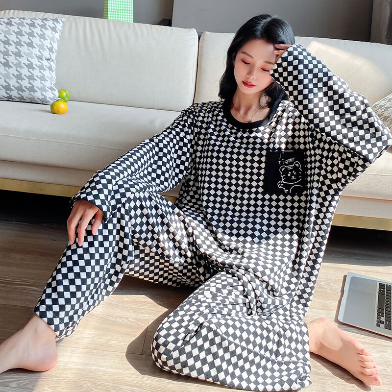 大码睡衣女200斤秋冬圆领长袖套装加肥加大胖mm家居服可外穿冬九红妃