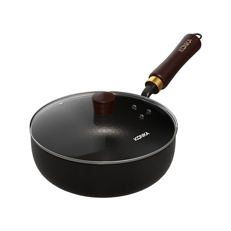 康佳 铁锅 不粘锅家用炒菜锅锻打锤纹老式铁锅平底电磁炉燃煤气灶通用 锻打小炒锅（玻璃盖） 20cm