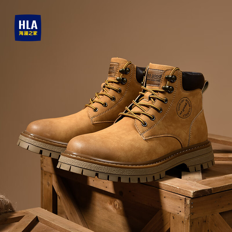 海澜之家马丁靴男潮流男鞋户外情侣款百搭防寒登山高帮工装大黄靴子男T121 土黄色-男款 39