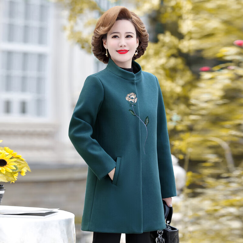 外套冬季呢子大衣新款大码上衣中老年人女装中长款毛呢棉 群青上衣 xl