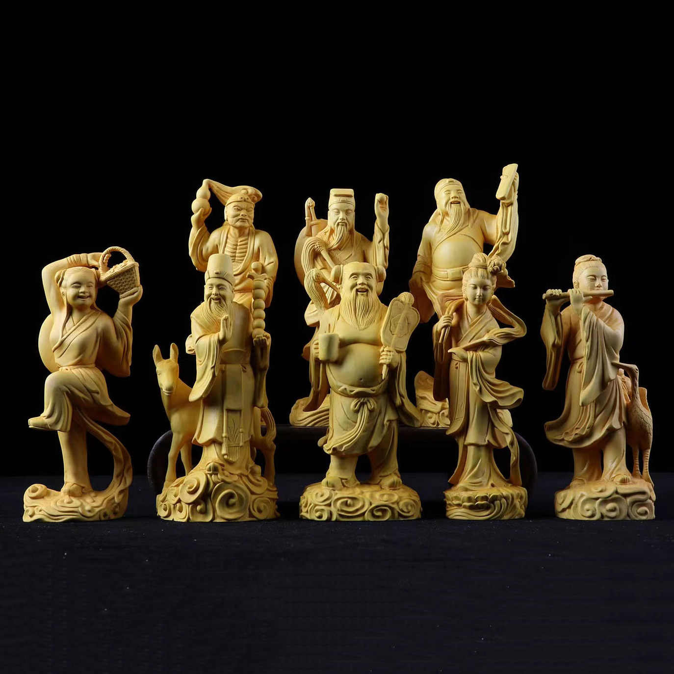 正宗府黄杨木雕刻八仙过海家居客厅装饰古典摆件实木人物仙女送礼祝寿