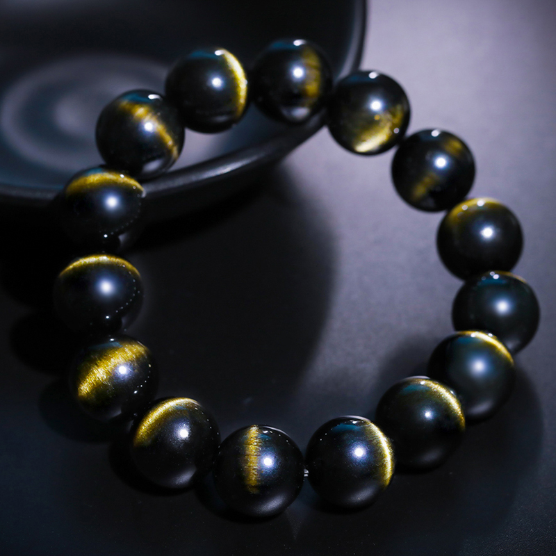 金猫眼黑曜石手链 金曜石手串 14mm 男女款 黑色 14mm