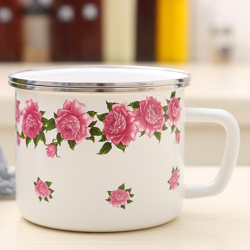欧丽家 大容量搪瓷口杯 搪瓷杯带盖马克杯可加热奶杯茶杯  14cm连理花