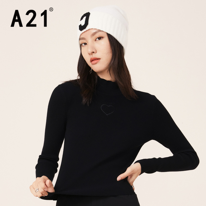 A21女装修身半高领长袖线衫 黑色 M