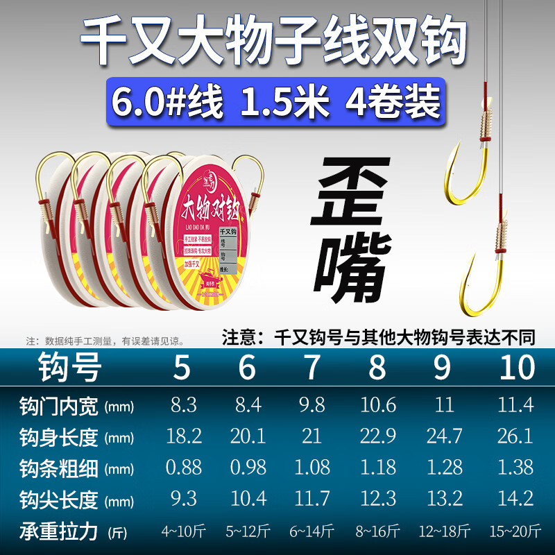 老刀綁好加強千又大物子線雙鉤青魚草魚加長行程珠珠玉米歪嘴成品對鉤 【6.0#線長1.5米4卷裝】千又歪嘴 魚鉤8號