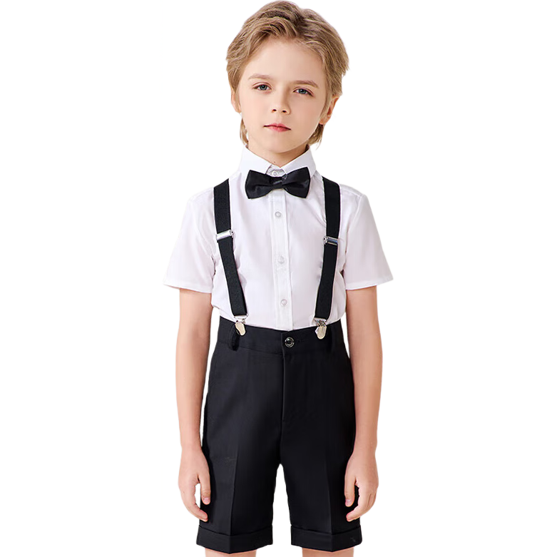 羅蒙男童禮服夏季兒童畢業(yè)演出服幼兒園背帶褲花童 黑色套裝 130