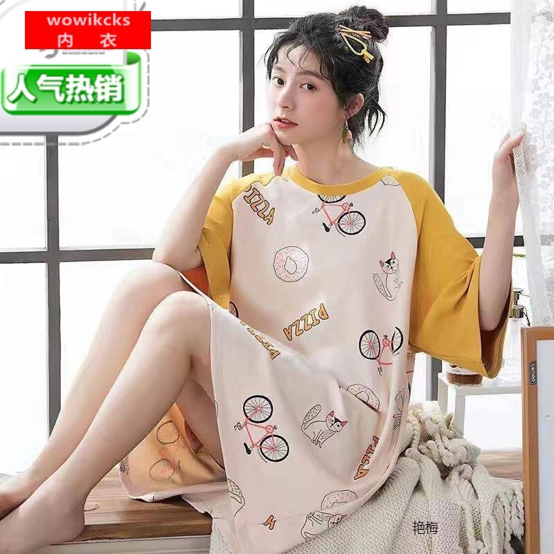 wowikcks中袖睡裙女夏季可爱卡通短袖睡衣女夏大码学生家居服 单车