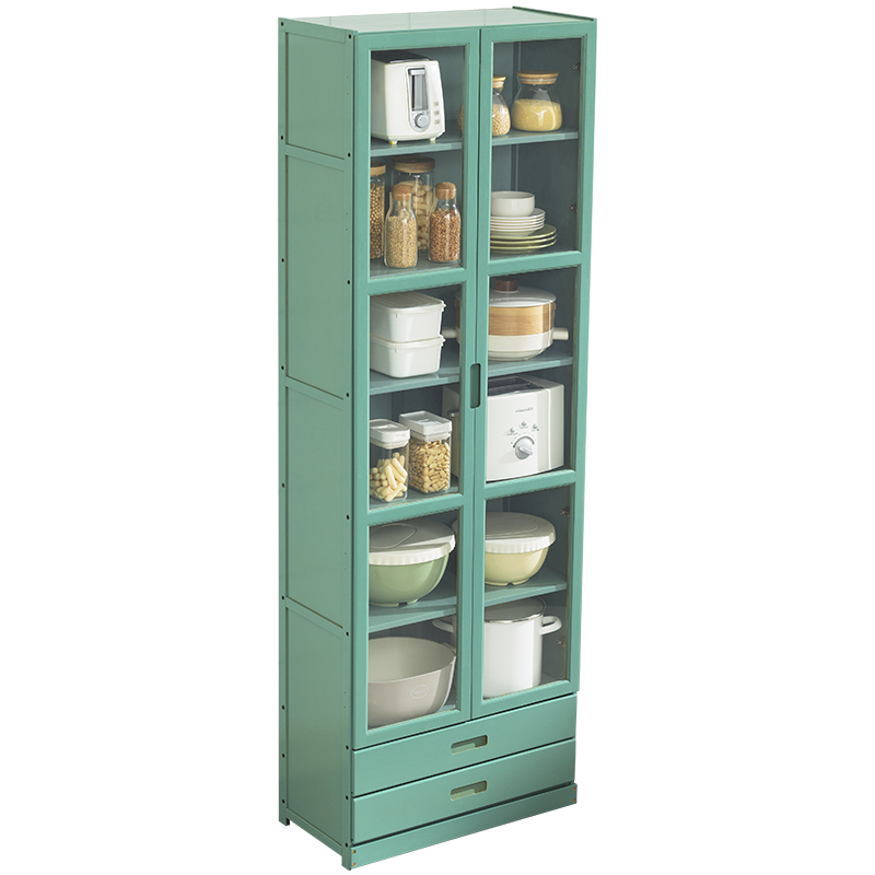 淘之良品 家用厨房置物架落地收纳用品简易实木碗柜多功能厨具柜微波炉碗碟架子餐厅储物架餐边柜调料柜 【透明单门】四层30长（双抽屉）