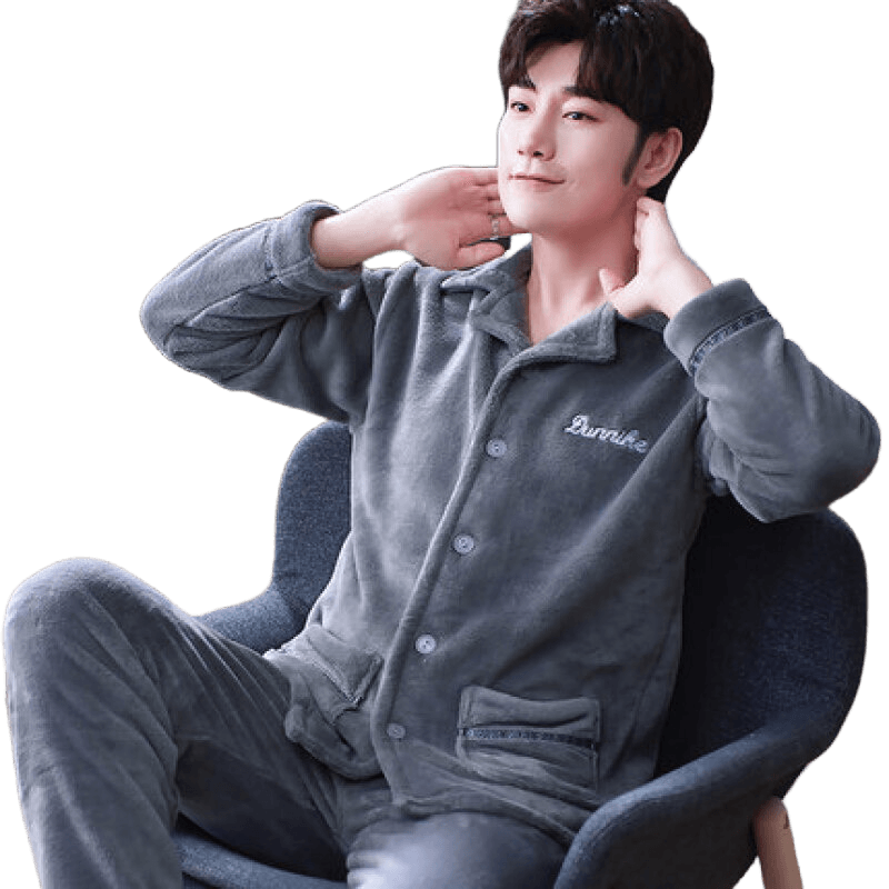 莫代尔秋冬季珊瑚绒睡衣男大码长袖套装加绒加厚法兰绒开衫春秋家居服 KS男款刺绣un灰底 3XL (170-190斤)