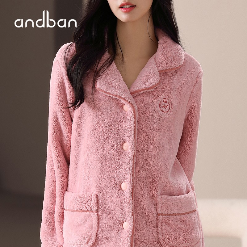 安之伴情侣睡衣秋冬保暖法兰绒加厚休闲开衫多色女士家居服套装可外穿 豆沙(法兰绒强锁温)-女 L