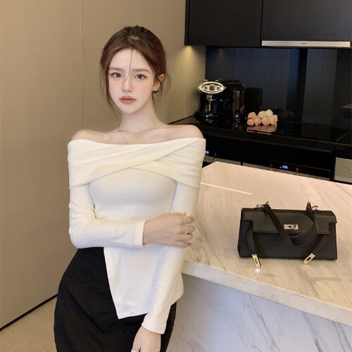 卡富亚露肩长袖t恤上衣女漏肩膀性感主播直播衣服秋冬一字肩打底秋季