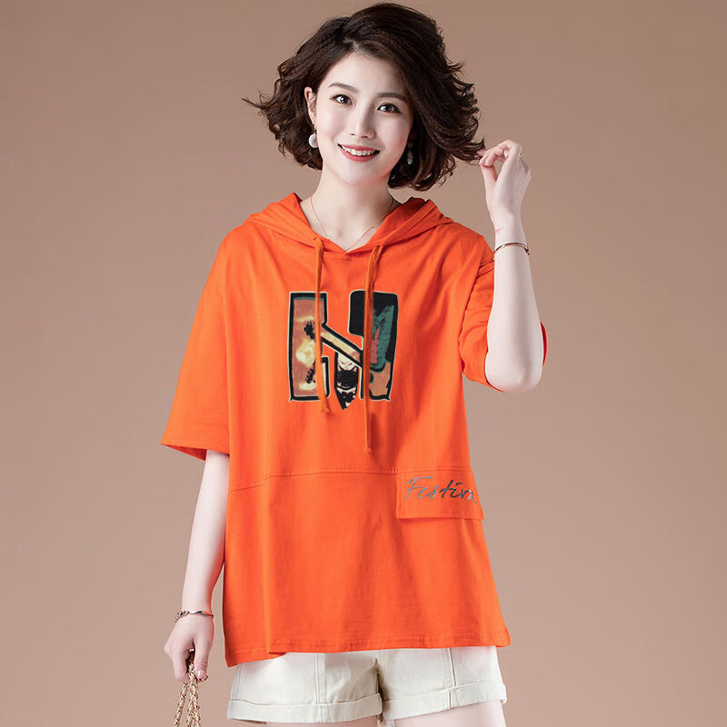 夏季印花带帽t恤女宽松大码上衣服胖mm体恤衫 桔色 m建议110130斤以内