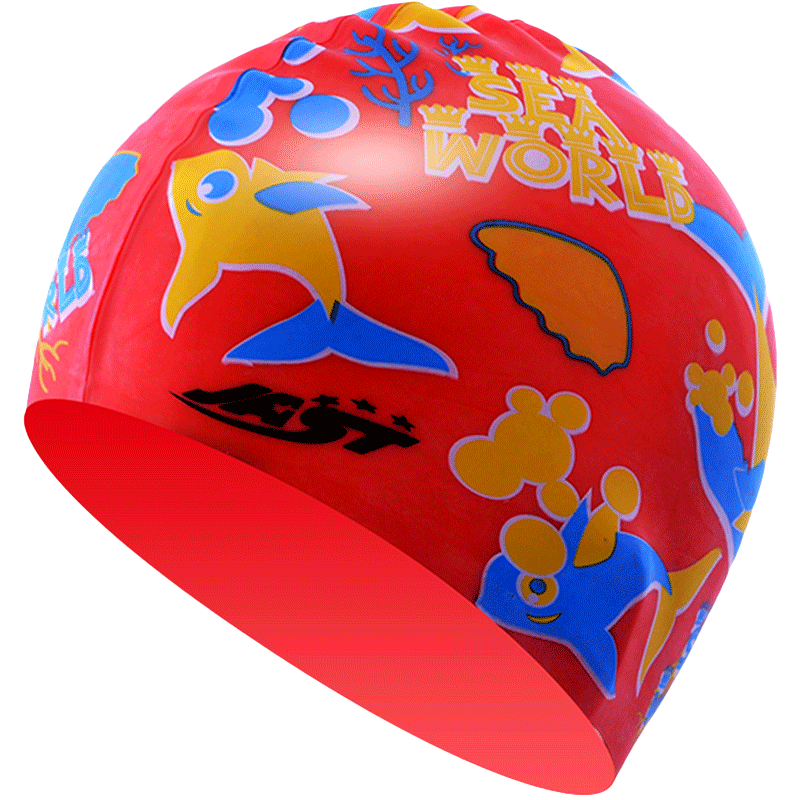 佳斯特（JAST）兒童泳帽男女童防水時尚硅膠不勒頭可愛印花游泳帽 紅色海豚泳帽