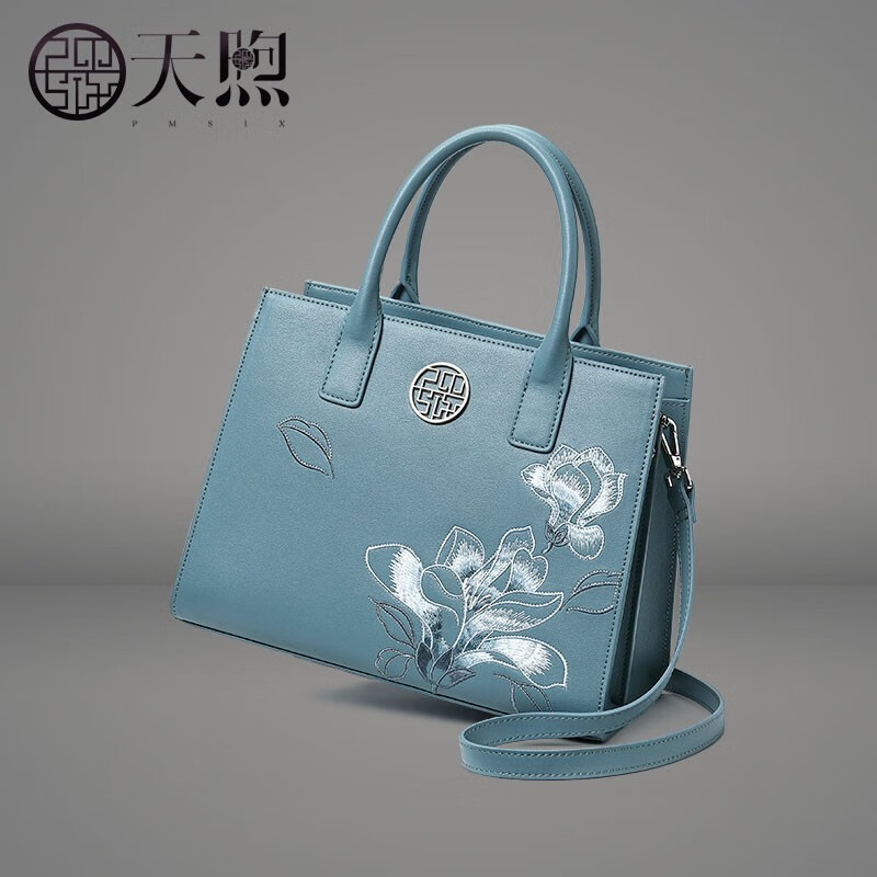 天煦女包刺绣手提包牛皮大包中年婆婆包单肩旗袍包送丈母娘礼物妈妈包 蓝绿色-送礼品袋