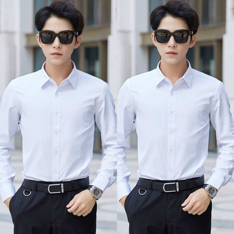 zmex秋季男士商务衬衫长袖宽松百搭潮流帅气韩版休闲白色 白色 白色