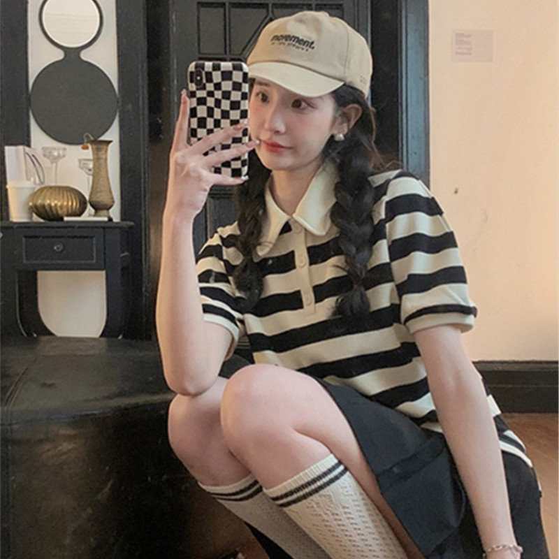 黑白条纹短袖t恤女港味polo领t恤2022年夏季新款设计感小众百搭显瘦