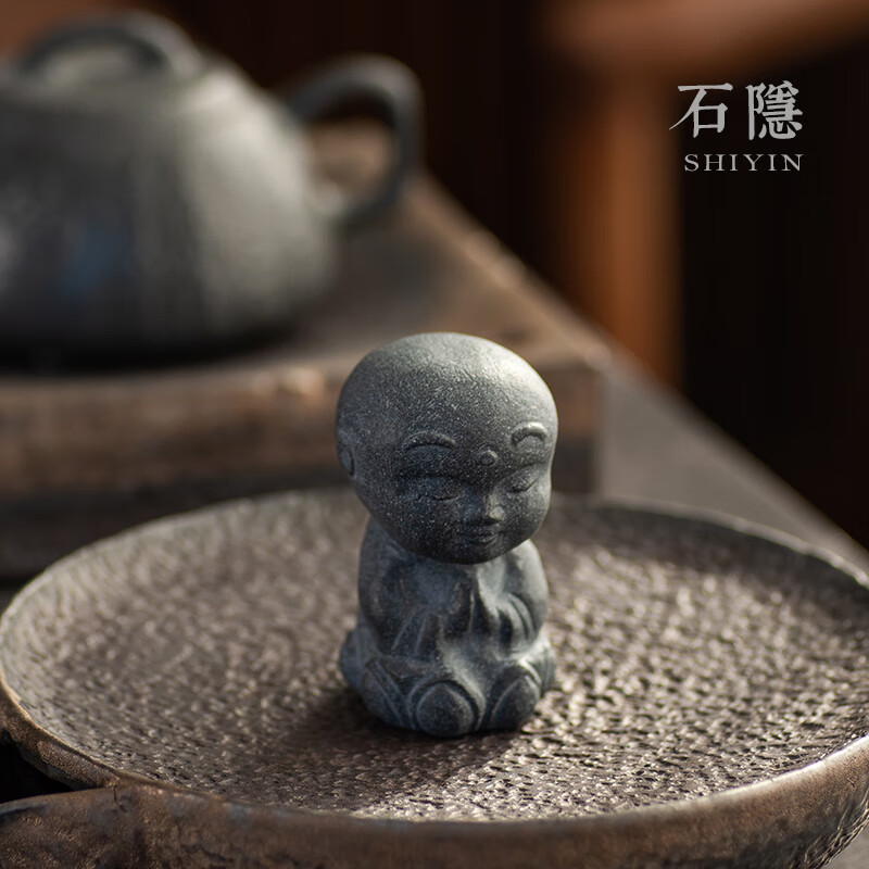 乌金石头茶宠摆件精品可养创意个性沙弥佛中式禅意茶玩 禅悟小和尚