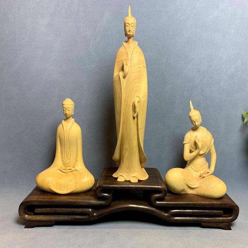 小叶黄杨木北魏佛摆件三圣佛像禅意实木雕刻客厅工艺品居家装饰 小叶