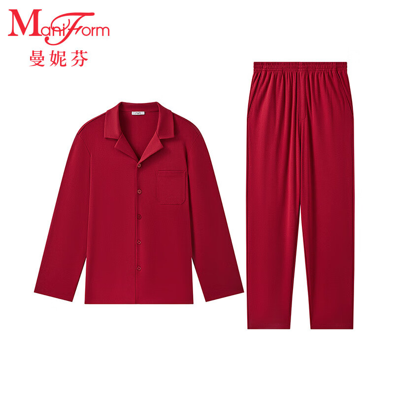 曼妮芬秋冬男士舒適棉莫翻領(lǐng)長(zhǎng)袖長(zhǎng)褲套裝家居服睡衣男起居服