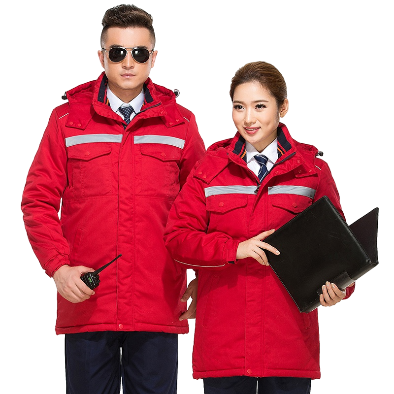 保羅嵐芝冬季工作服棉衣男中長款反光條加厚冬裝勞保服棉襖工裝棉服 紅色 165/M