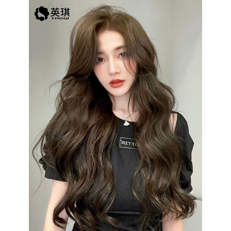 韩国发型假发女长发时尚八字刘海长卷发真人发丝中长气垫烫自然全头套