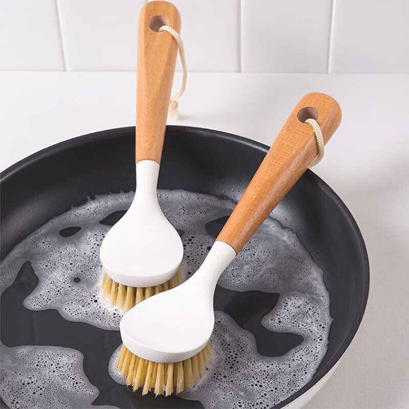 洋臣天然木柄锅刷长柄榉木洗锅刷子多功能清洗碗刷带柄家用不沾油锅刷 2个装【榉木手柄】