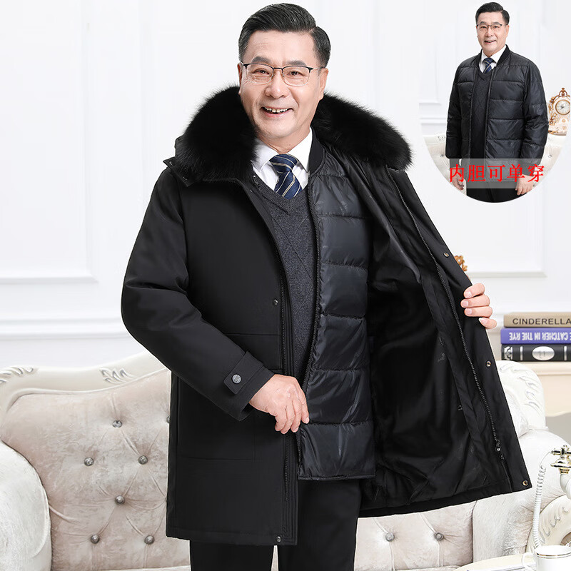 加厚活里活面爸爸羽绒服男士中长款大码毛领中老年可拆卸爷爷冬装 灰咖(带毛领) 2XL