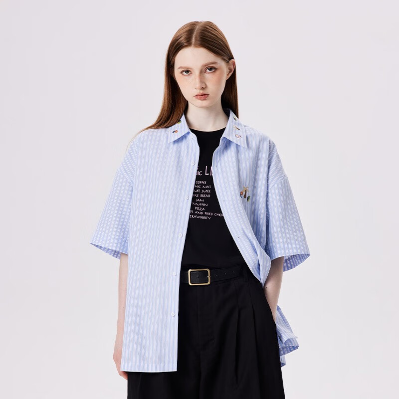 pso brand120克梭织可爱花花植物刺绣短袖衬衫男条纹衬衣外套 条纹蓝